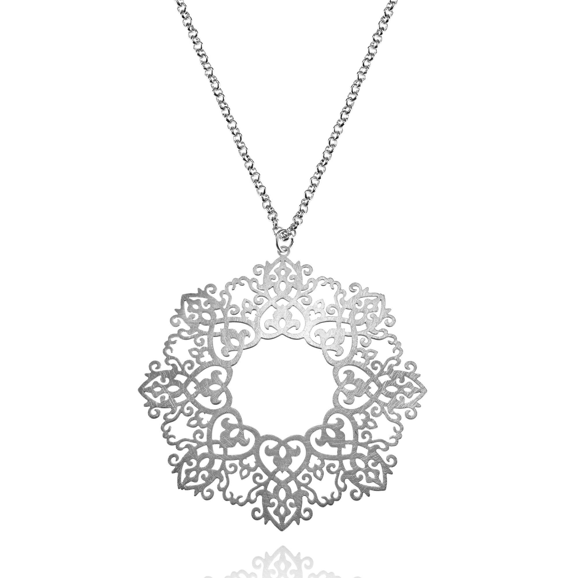 namana Silver Pendant Necklace with a Large Round Mandala Pendant, Brushed Finish Sacred Geometry Long Necklaces for Women, Stylish Long Necklace for Women and Teen Girls