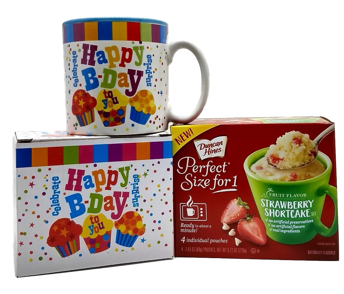 Happy Birthday Mug In Gift Box With 4 Mug Cake Mix Pouches Bundle (Strawberry Shortcake) on