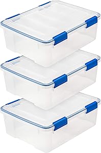 IRIS USA, Inc. WSB Air Waterproof/Weather Tight Plastic Storage Bin Tote Organizing Container with Durable Lid and Seal and Secure Latching, 26.5 Quart, Clear with Blue Buckles, 3 Count