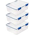 IRIS USA WeatherPro 27 Qt Storage Bins with Lids, 3 Pack, BPA-Free Plastic Gasket Box with Tight Latch and Seal, Stackable Nestable Tote Tub - Clear/Blue