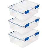 IRIS USA 3-Pack 26.5 Qt Storage Bins with Gasket Lids, Clear/Blue | WeatherPro seal protects everyday essentials in closets, offices and laundry rooms