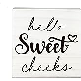 YKYENR Hello Sweet Cheeks Wooden Sign - Funny White Block Plaque Desk Decoration - 5x5 inches Rustic Wood Block Gifts for Friends Family - Restroom Bathroom Toilet Tabletop Favors & Supplies-A08