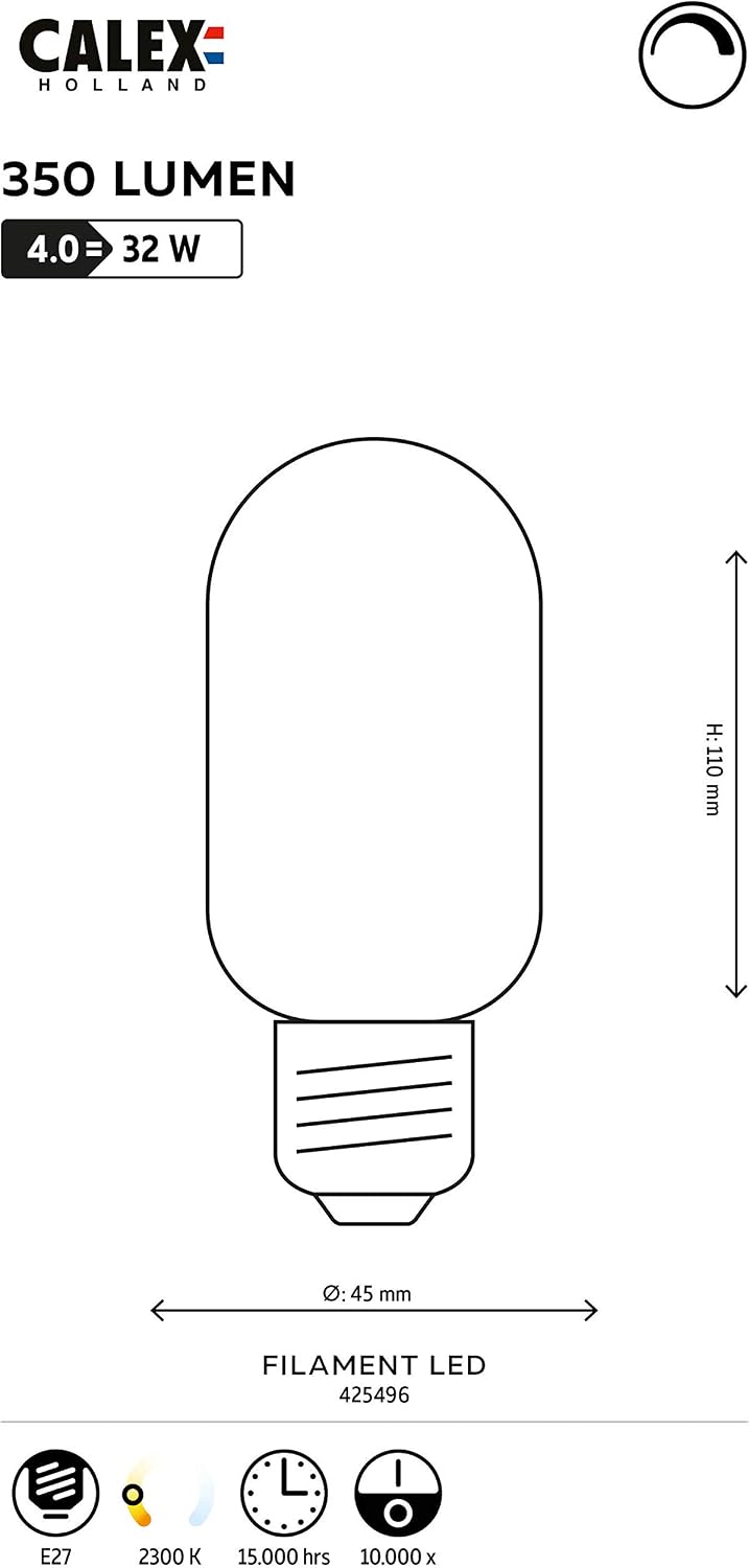 Calex Röhrenlampe LED-Filament 4W (ersetzt 40W) E27 45x110mm Klar, Clear - Image 3
