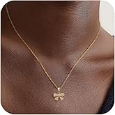 Goenjoy 14K Gold Plated Cubic Zirconia Bow Necklace for Women, Dainty Small Bow Pendant Choker Necklace Gift