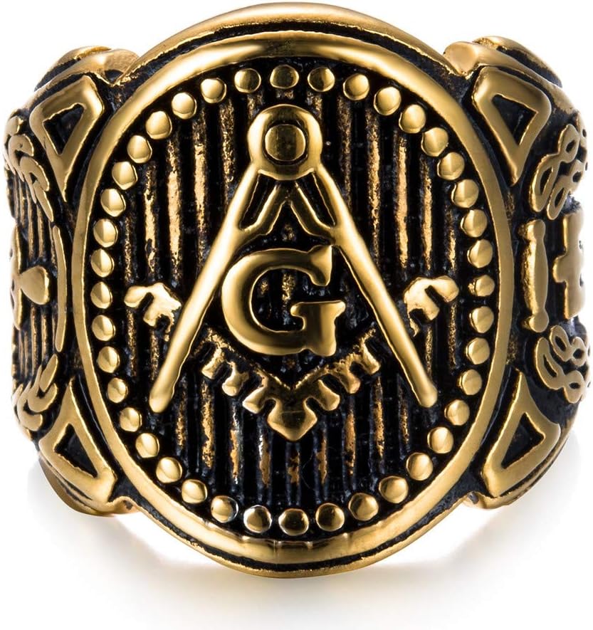 eejart Men's Stainless Steel Masonic Gold Plated Ring, Freemason Symbol Vintage Hiphop Punk Jewelry for Men (Gold, 9)