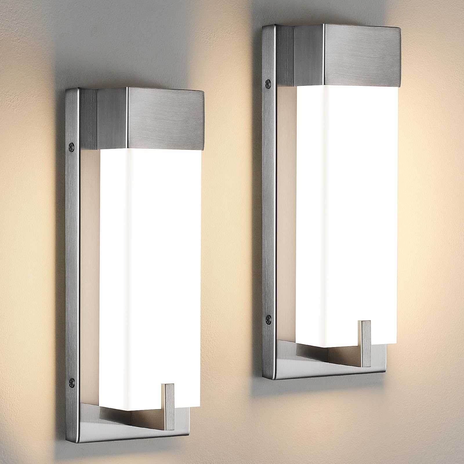 Photo 1 of WOSHITU Nickel Wall Sconce Light - Modern Dimmable Wall Sconces Set of Two LED 3000K 15W Bathroom Vanity Light with Acrylic Shade Indoor Hardwired Sconce Lighting for Bedroom/Living Room/Hallway