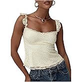 Women Ruffle Lace Tank Top Y2k Slim Fit Floral Lace Cami Top Summer Solid Color Square Neck Sleeveless Cami Shirt