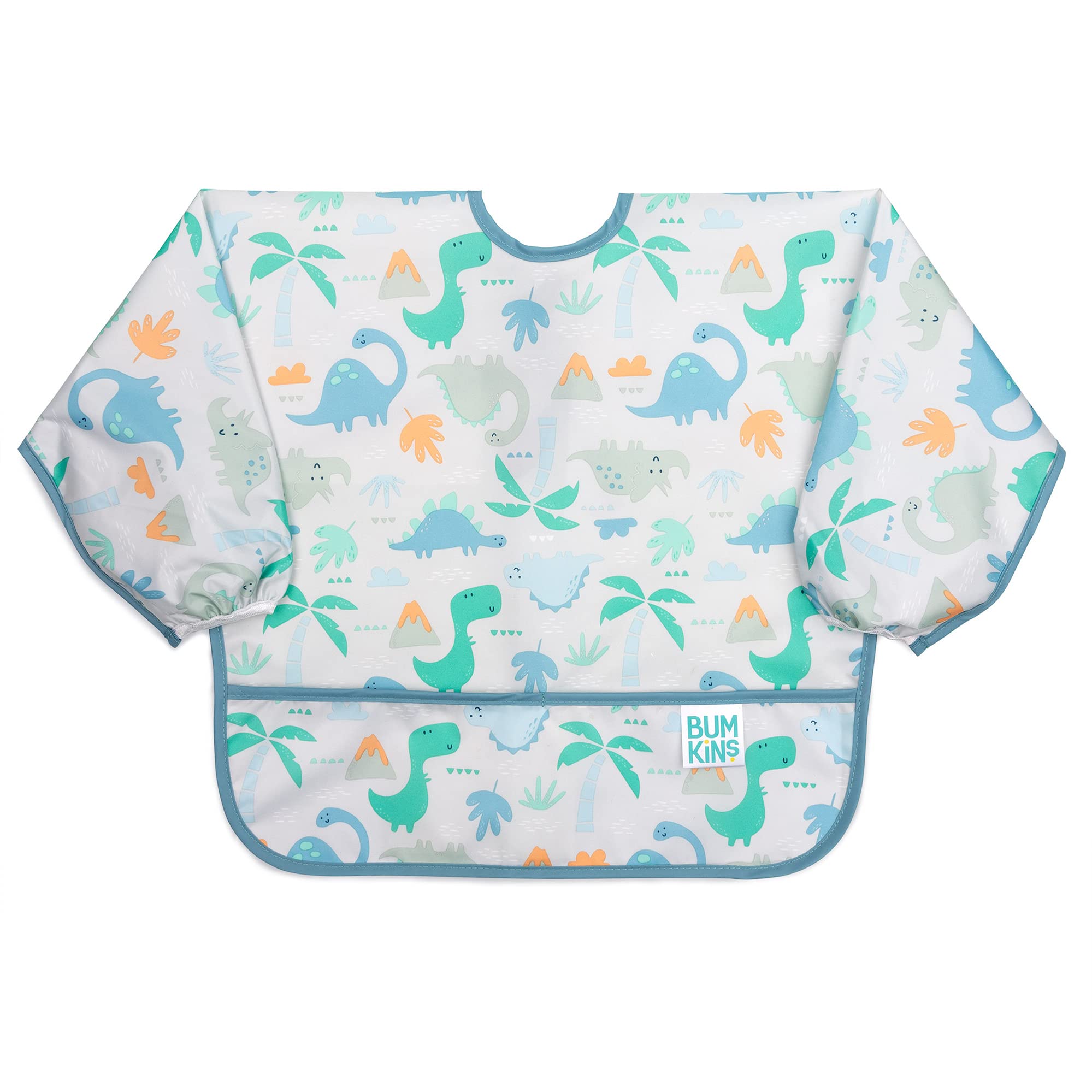 Photo 1 of Bumkins Sleeved Bib for Girl or Boy, Baby and Toddler for 6-24 Mos, Essential Must Have for Eating, Feeding, Baby Led Weaning Supplies, Long Sleeve Mess Saving Food Catcher, Fabric, Dinosaur Gray