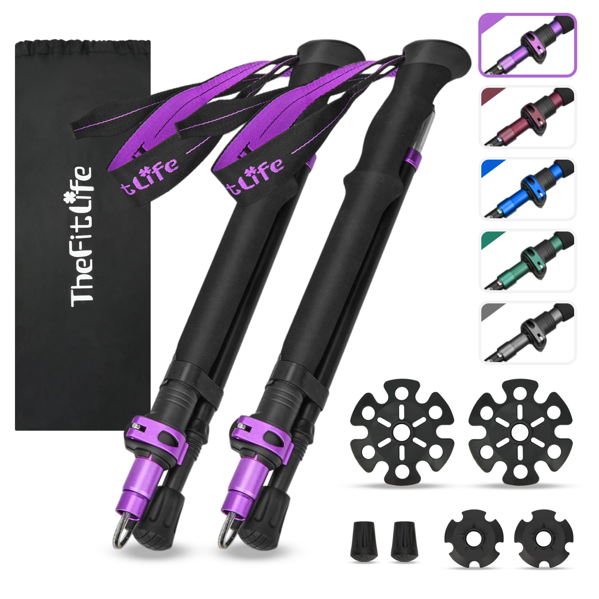 Photo 1 of TheFitLife Collapsible Trekking Poles for Hiking – Lightweight Folding Walking Sticks for Men and Women with Extra-Long Foam Handle and Metal Flip Lock (Purle, 100-120cm for 4'11''-5'7'' Height)