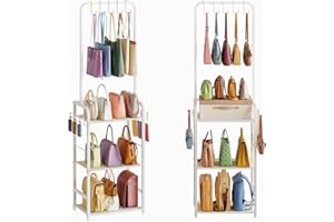 HAYEXIHA Tall Purse Organizer for Closet with 5 Purse Hanger & 6 Side Hooks, 4 Tier Floor-Standing Purse Rack Stand for Purse Storage, Narrow & High-Capacity Handbag Organizer, Backpack Storage for Small Place