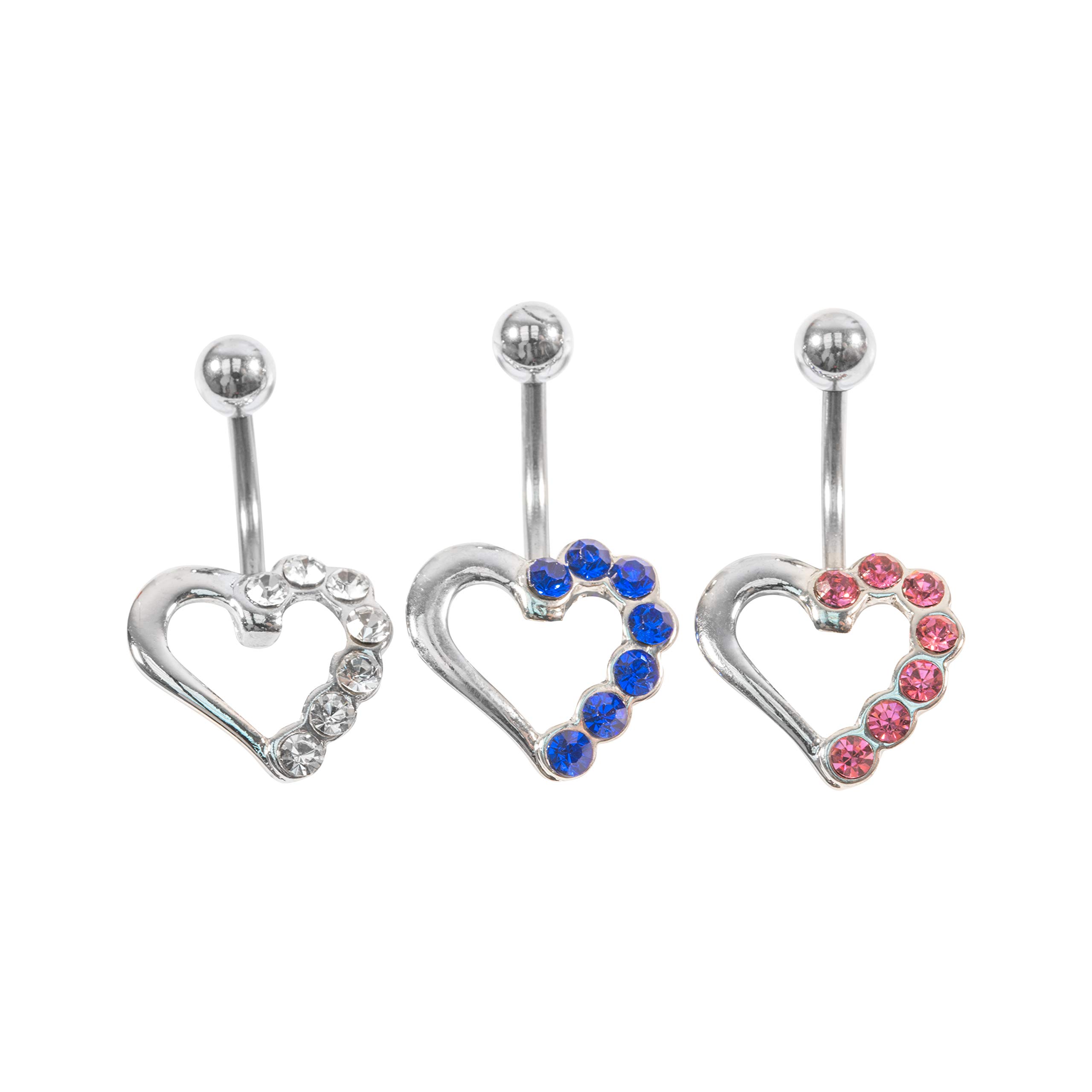 Open Heart 316L Surgical Steel Belly/Naval Bar | Crystal Bars (Set of 3 Blue, Pink, Clear Open Heart)