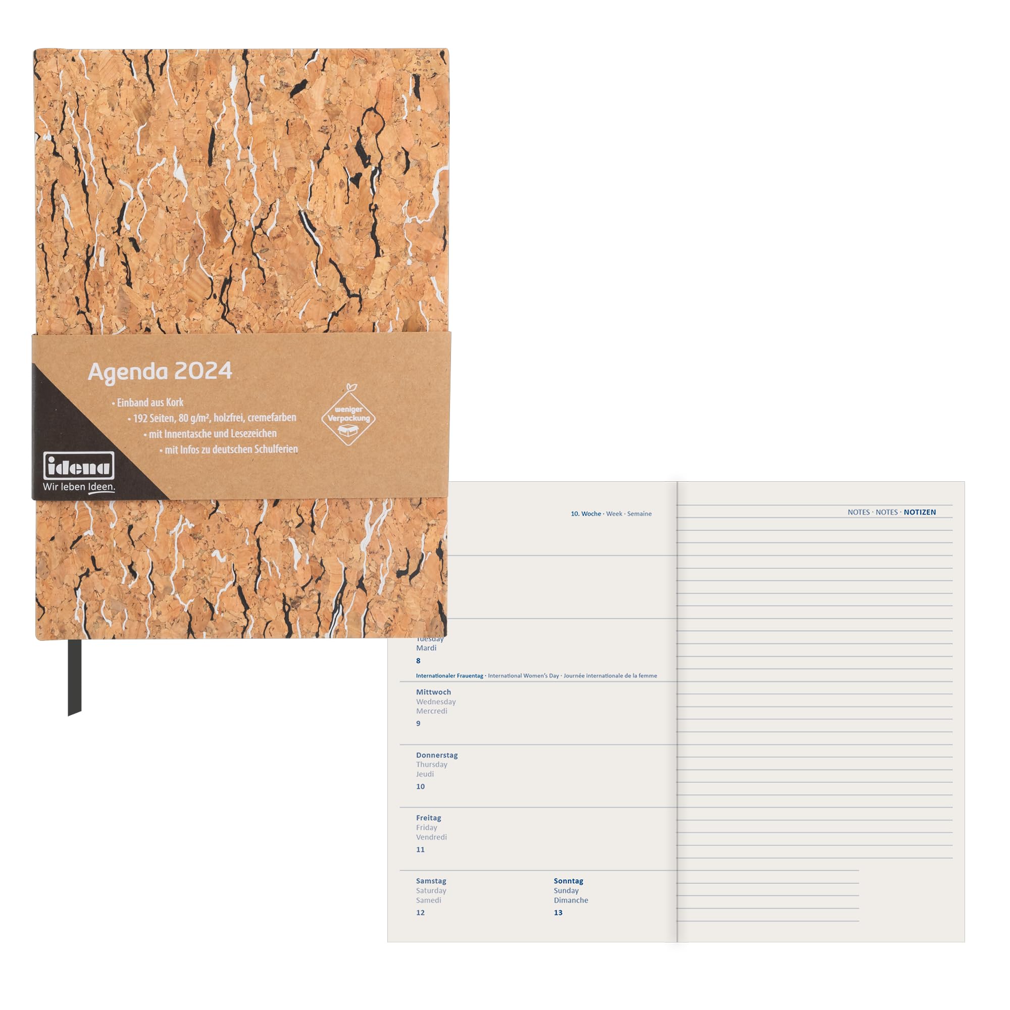 Idena 11056 – Diary 2024, DIN A5, Cork, 192 Pages, 1 Week on 1 Page, Weekly Planner