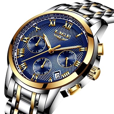 Aswan Herren Uhr Business Luxus Design Silber Edelstahl Analoge Quarz mit Silber Band Armband Gold Blau Chronograph Kalender 