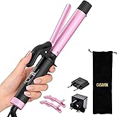 Travel Curling Iron 1 Inch,Small Curling Iron for Short Hair,Dual Voltage Curling Iron 110-240V with European Plug,Curling Iron with Clamp & Ceramic Barrel,5 Temp Digital Display,Auto Off,Temp Lock