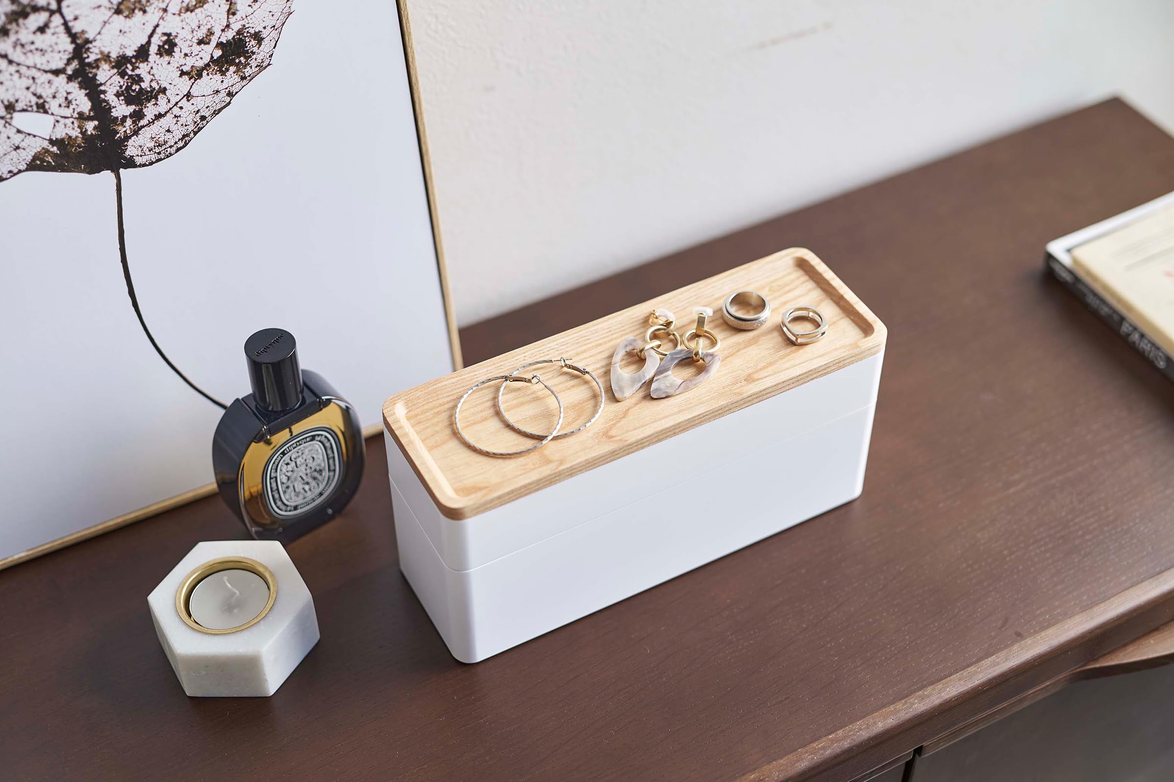 Yamazaki Home Rin Stacking Watch and Accessory Case, Jewelry Box Organizer For Glasses, 2-Tier, White