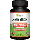 aSquared Nutrition Berberine with Ceylon Cinnamon Supplement - 1400mg Max Strength Complex - 120 Capsules - 1200mg HCl Powder Extract Plus Pills - Alternative to Gummies & Drops
