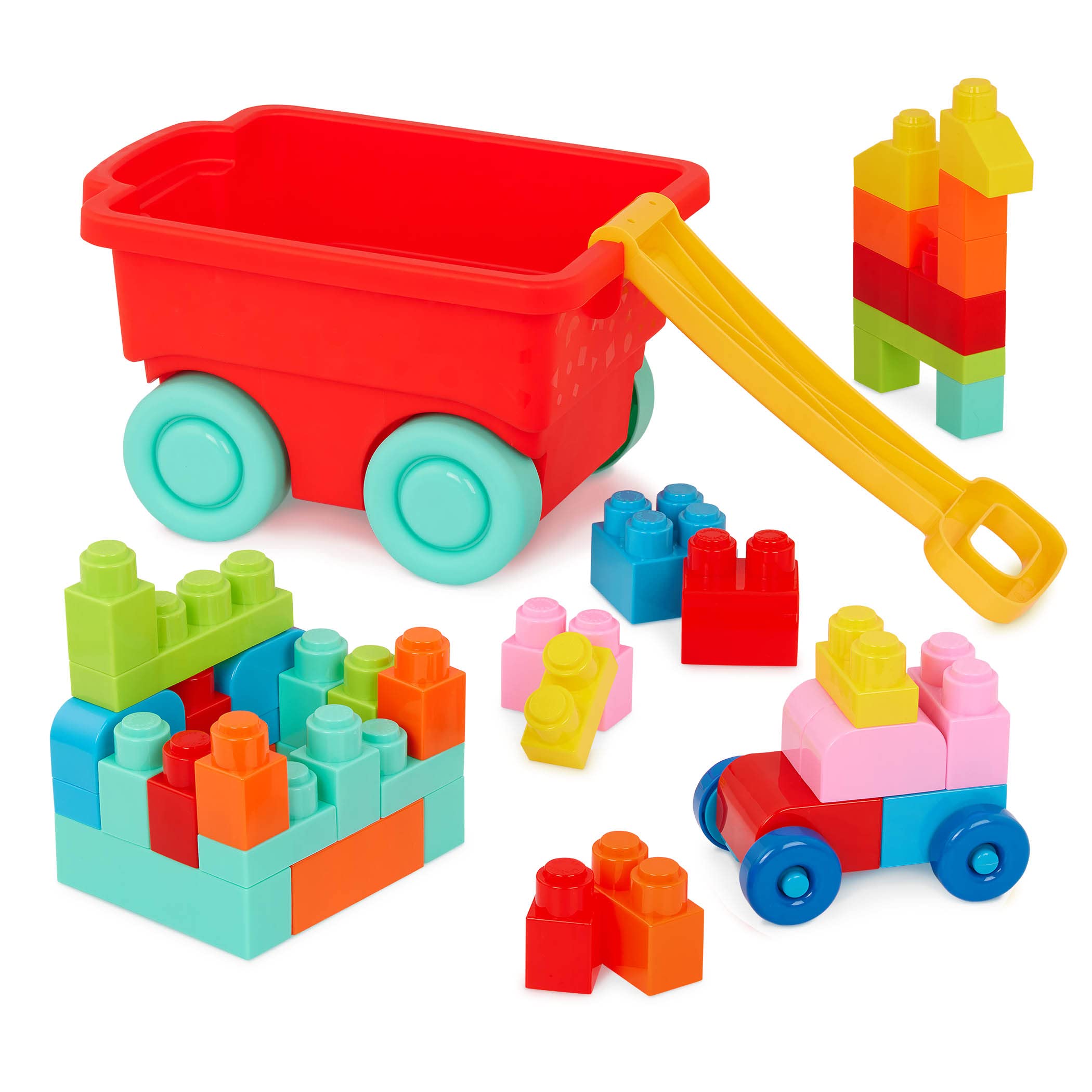 Battat – Building Blocks – 47 Pieces Brick Set – Colorful & Chunky Bricks – Unique Wheel Bricks – 12+ Months – Locbloc Red Builder's Wagon