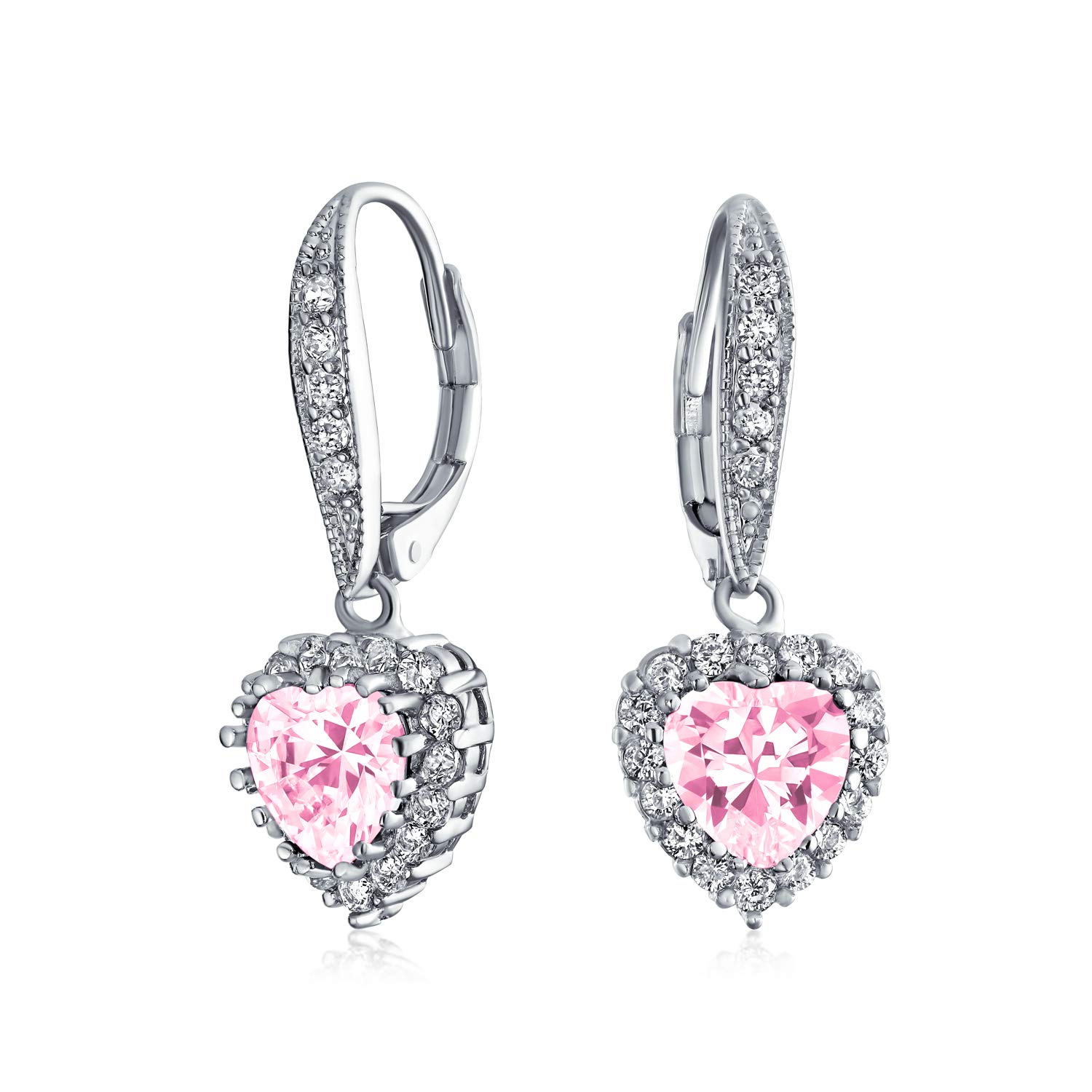 Bridal Anniversary Wedding Romantic 4CT AAA CZ Pink Halo Heart Shaped Cubic Zirconia Dangle Lever back Earrings For Women Girlfriend Invisible Cut Rhodium Plated