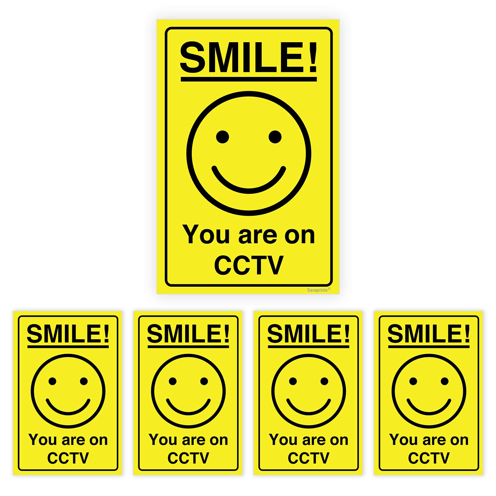 Pack of 5 CCTV Sticker Smile You are On Camera Signs (150 X 100 mm) Self Adhesive Waterproof CCTV Sign for Restaurants, Homes, Supermarkets Sara Prints®