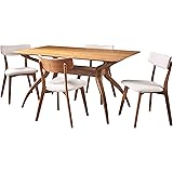 Christopher Knight Home Nissie Mid-Century Wood Dining Set with Fabric Chairs, 5-Pcs Set, Natural Walnut Finish / Light Beige
