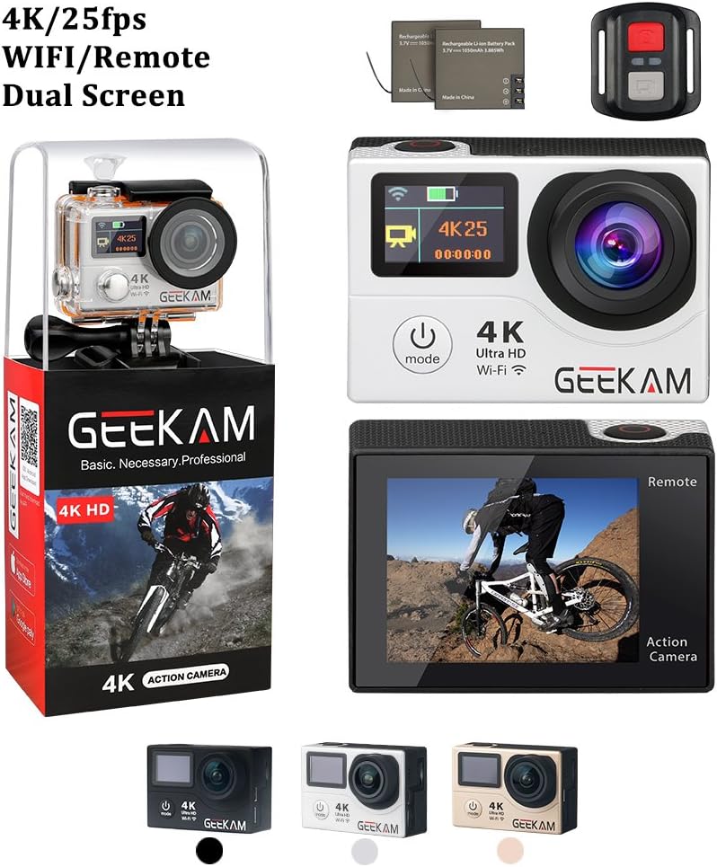 Upgraded 4K Sport Action Camera Cam with Dual Screen WiFi and Remote 30M Waterproof Camcorder with 170ยฐ Wide Angle Two Batteries 20 Mounting Kits for Cycle Helmet Bicycle Motorcycle Ski Snorkeling