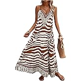 OYOANGLE Women's Zebra Striped Print V Neck Long Cami Dress Spaghetti Strap Flowy Boho Dresses