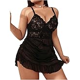 SOLY HUX Women's Plus Size Lingerie Set Lace Mesh Sheer Ruffle Mini Dress Babydoll Chemise with Panties