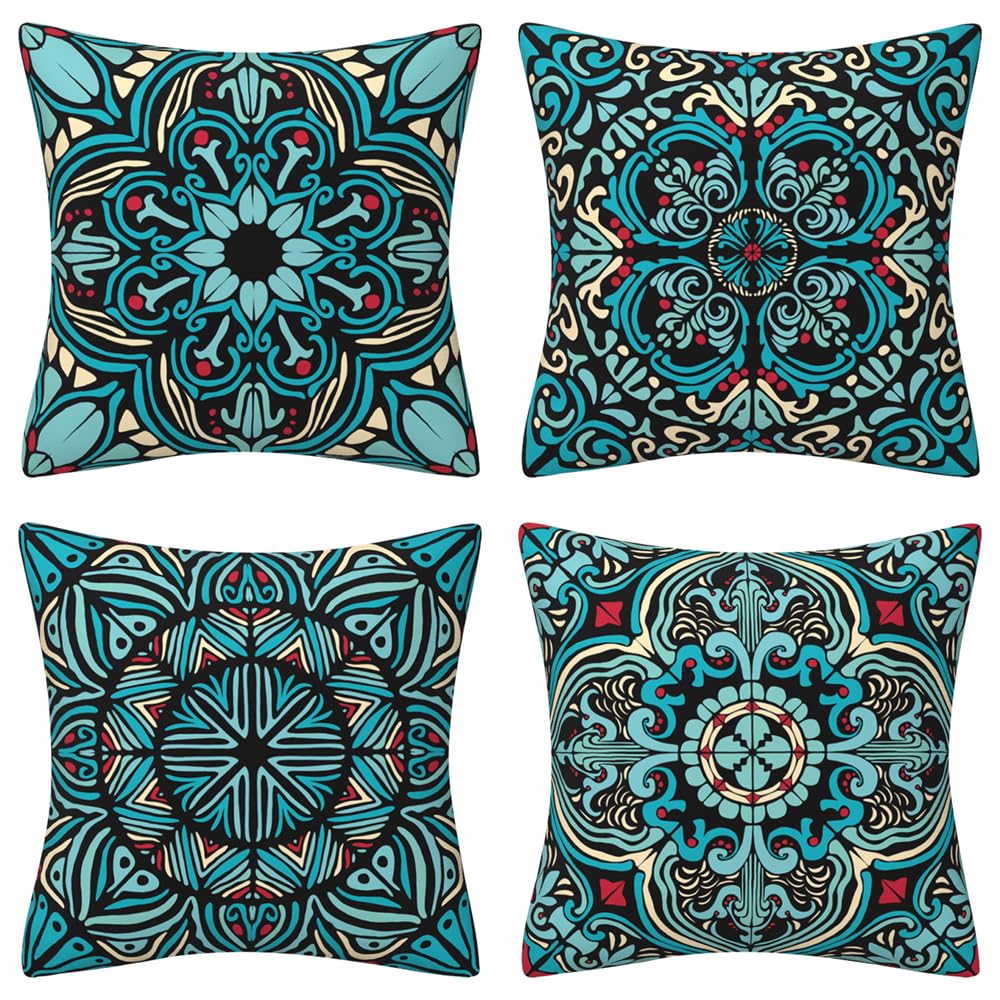 QUALKNOY Set of 4 Velvet Cushion Covers 18"x18" Teal Modern Boho Decorative Retro Throw Pillow Covers 45 x 45 cm for Sofa Living Room Outdoor Garden Pillowcases