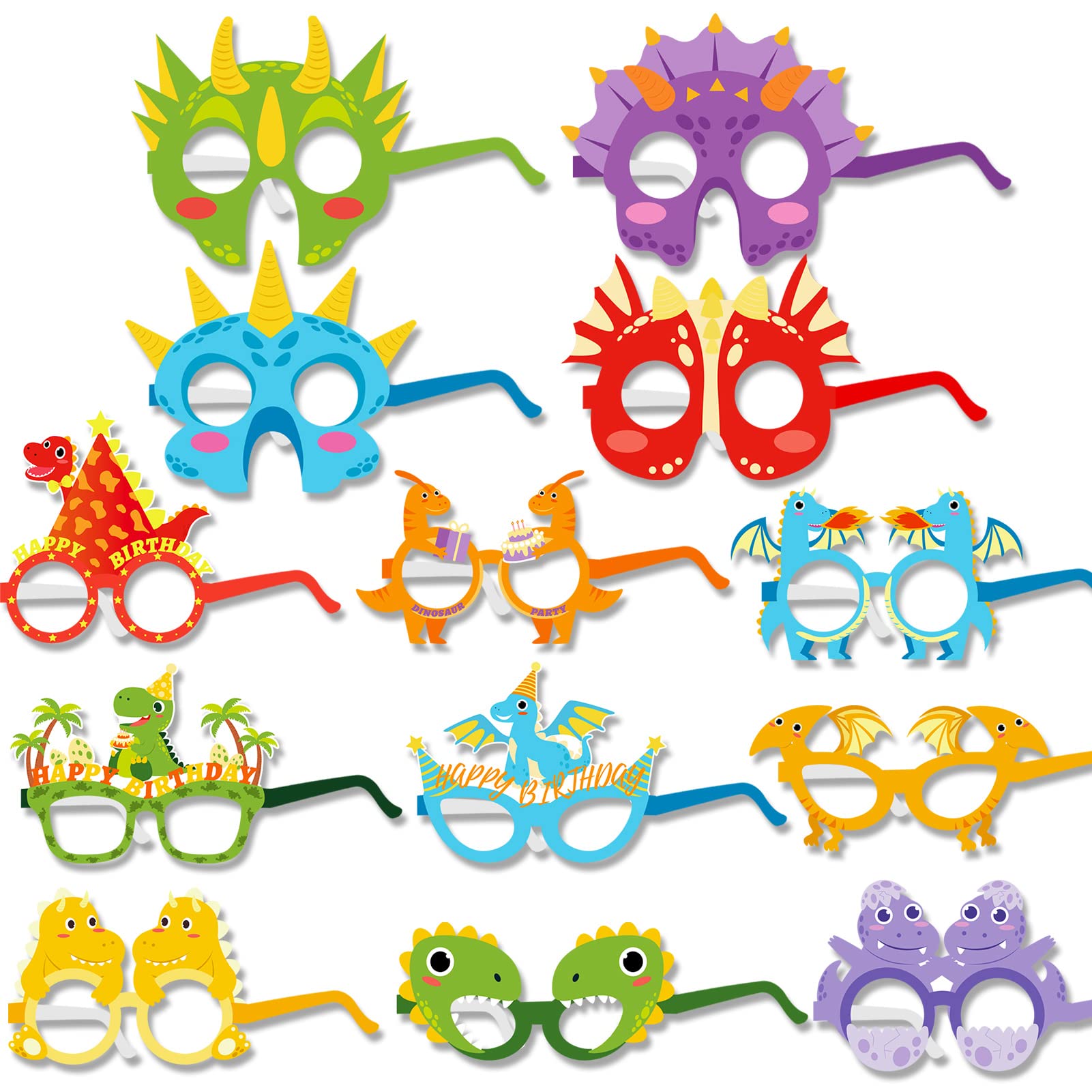 DPKOW 28pcs Funny Dinosaur Party Glasses Masks for Kids, Paper Eyeglasses for Jungle Kids Birthday Party Favour Dinosaur Photo Booth Props Accessories