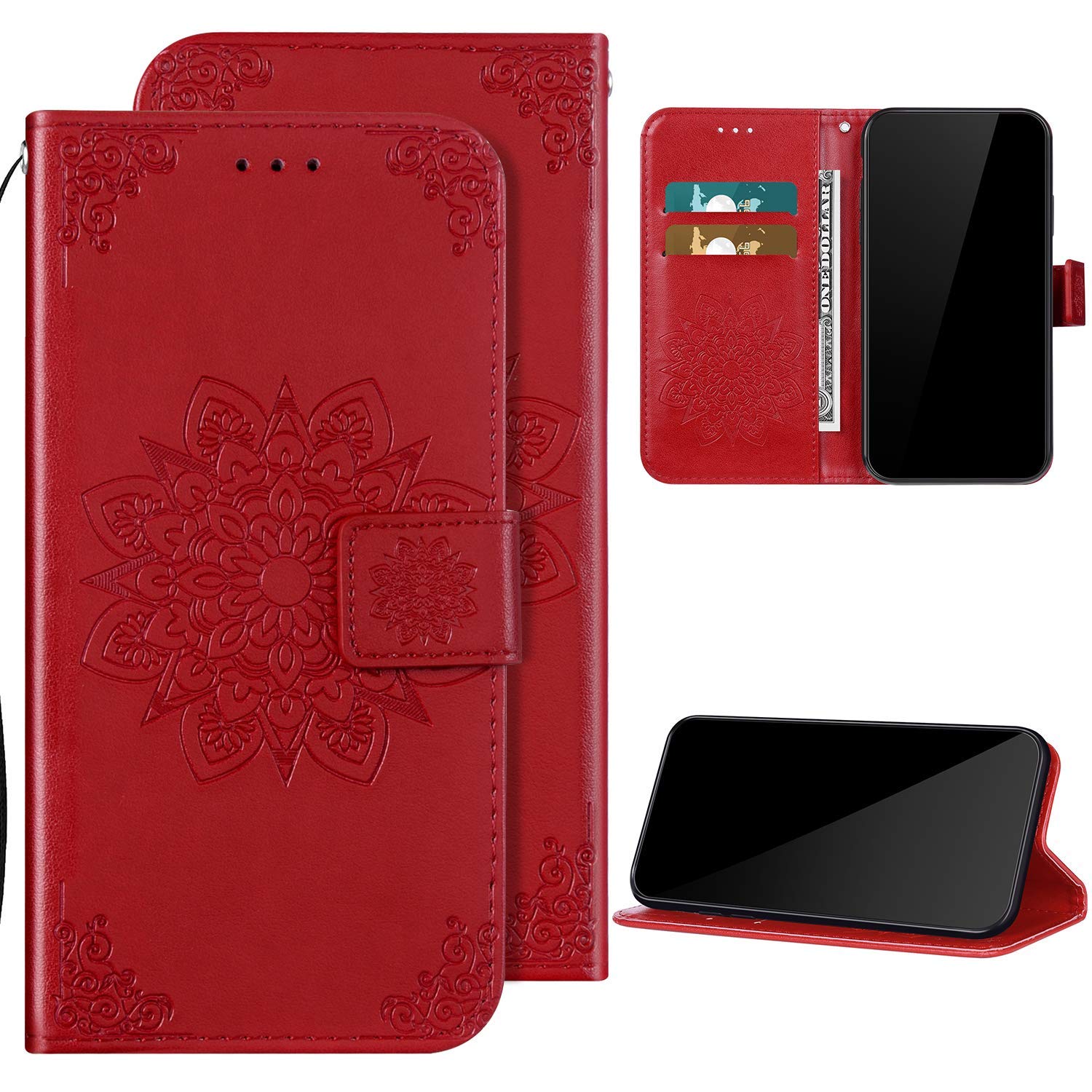 QPOLLY Leather Flip Case Wallet Protective Case Compatible with Huawei P30, Flower Pattern PU Leather Mobile Phone Case with Card Slot, Wallet Flip Case, Mobile Phone Case, Red