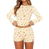 Lacozy Cute Pajama Sets for Women 2 Piece Floral Print Fall Pj Set Woman Long Sleeve Crop Top and Short Y2K Sleep Set