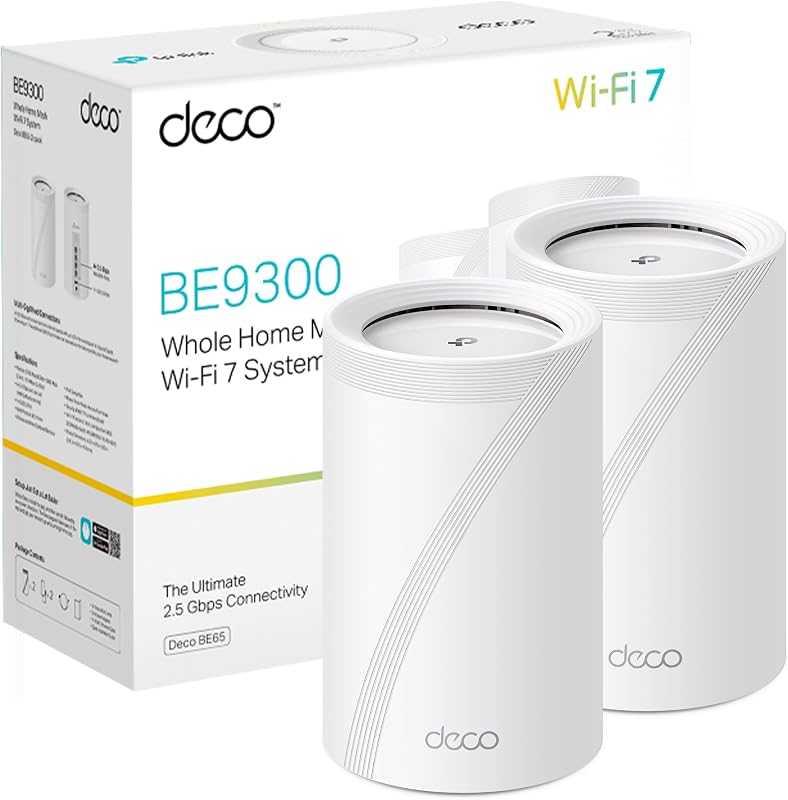 Tp-link deco be65 (pacote com 2) conjunto wlan wi-fi 7 mesh (pacote com 3), tri-band 5760 mbit/s (6 ghz) + 2880 mbit/s (5 ghz) + 574 mbit/s (2,4 ghz), 6 transmissões, 4 portas 2,5g, 1 usb 3.0