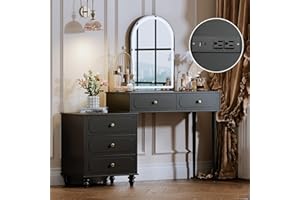 YYJ Black,Vanity Desk with 3 Color Touch Screen Dimming Mirror, Modern Retractable Makeup Dressing Table with Power Strip，Adjustable Cabinet and 5 Sliding Drawers,Vanity Table Set,Writing Desk Bedroom