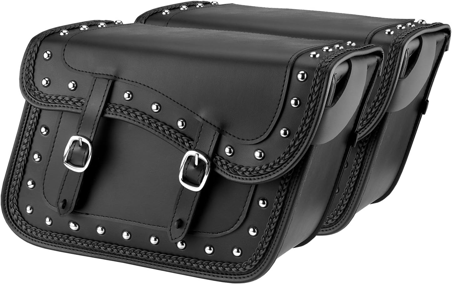 Universal Slanted Black Synthetic Leather Throw Over Motorcycle Saddlebags with Quick Release Buckles, Waterproof, Durable Panniers for Cruiser, Touring, Sport, and Chopper Motorcycles