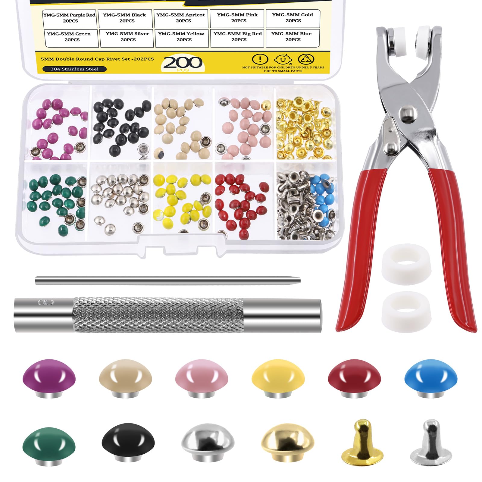 Mardatt 200 Sets 5mm Double Round Cap Leather Rivets with Fixing Tools, 10 Colors Caps Leather Rivets Metal Studs Leather Rivet Dome Rivets for Leather Craft DIY Decoration — image 1