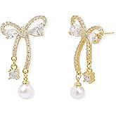 Sonateomber Dainty Gold Bow Dangle Drop Earrings for Women, Sparkly Cubic Zirconia Rhinestone Ribbon Tassel Dangling Earings Prom Wedding Fashion Jewelry Gift