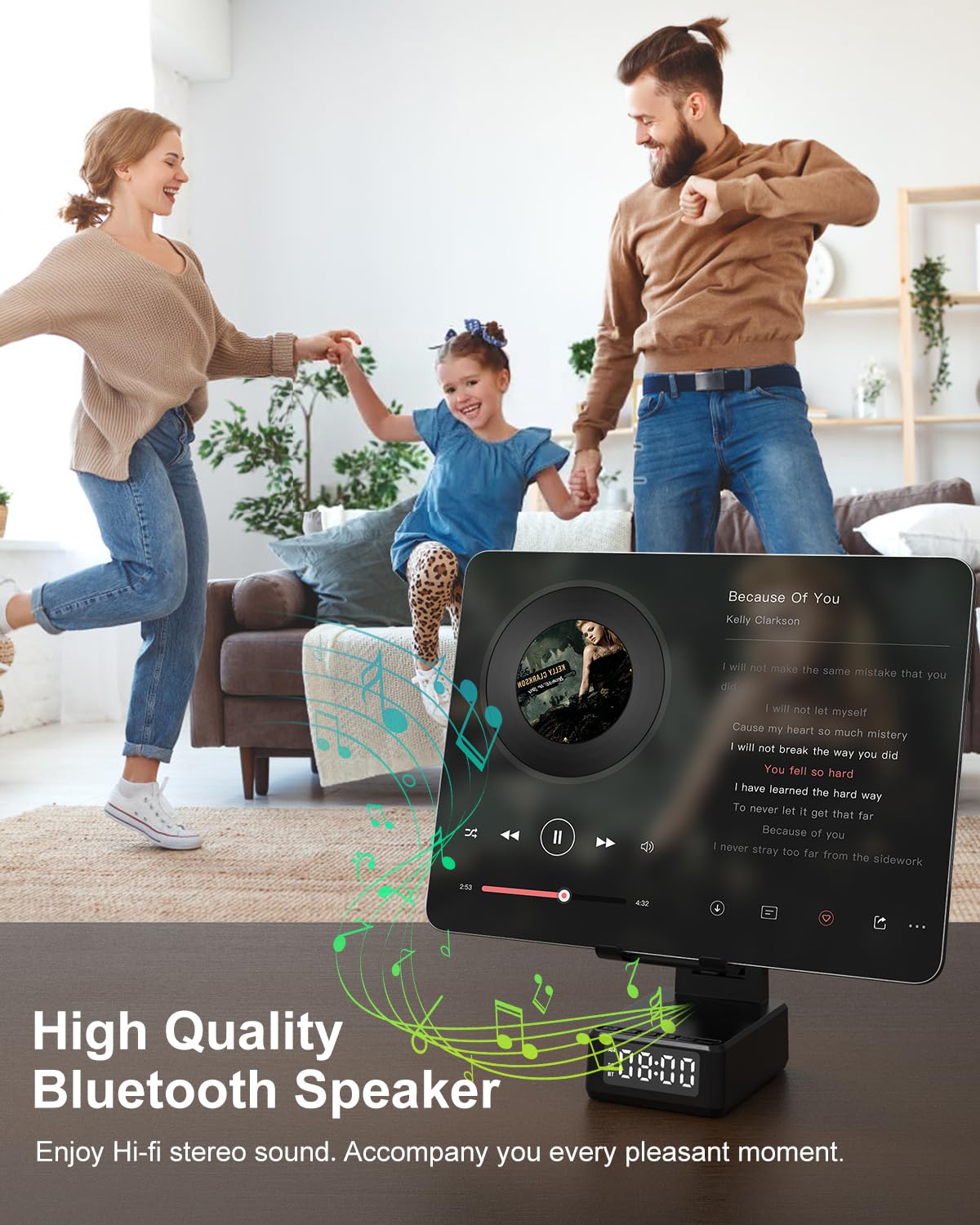 Birthday Gifts for Men Women, Bluetooth Speaker with Wireless Charger & Phone Stand, Gifts for Him, Foldable Angle & Height Stand with Alarm Clock, Ideal for Dad Mom, Tech Gadget Stocking Fillers