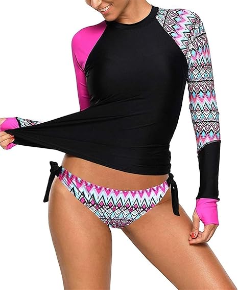 Amazon Co Jp レディースロングスリーブラッシュガードシャツカラーブロックプリントタンクニスイーツ Color Pink Size S ホーム キッチン