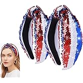 FYXMI 4th of July Headband for Women, Red White and Blue Sequin headband Fourth of July Patriotic Hairband Independence Day Hair Accessories (Blue Red White, Pack of 2)