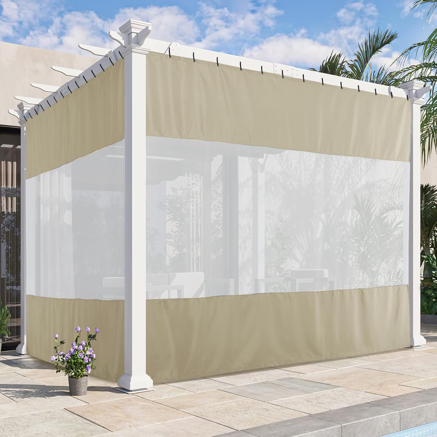 Outdoor Curtains - NITCEOWN Patio Curtains Outdoor Waterproof, Rustproof Top & Bottom Grommet Canvas with White Soft Viole Sheer Privacy with Airy Heat & Rain Block for Garage/Porch, W10' x H8', Taupe, 1 Piece