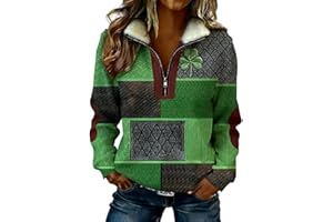 St Patricks Day Shirt Women Long Sleeve Irish T Shirt Quarter Zip Sweatshirt Sherpa Collar Pullover Cute Leaf Clover Tops