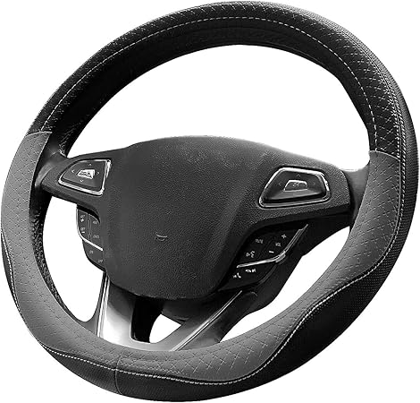 Amazon Winpower ハンドルカバー 軽自動車 ステアリングカバー 通気性 滑り止め グリップ感抜群 質感重視 Mサイズ37cm 38cm 四季汎用 グレー 車 バイク 車 バイク