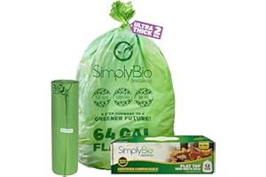 Simply Bio 64 Gallon Compostable Trash Bags Flat-Top, Heavy Duty Extra Thick 2 Mil, 242.27 Liter, 12 Bags, Large Lawn and Yard Waste Bag, ASTM D6400, US BPI and OK Compost Home Certified