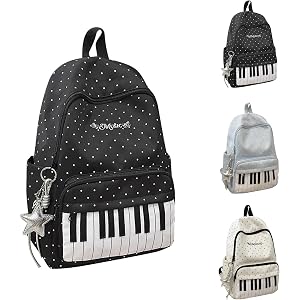 Piano Backpack for Girls Cute Black Polka Dot Y2k Backpack for Kids | Piano Backpack With Wide Padded Lightweight Adjustable