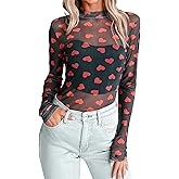 Melliflo Womens Mesh Long Sleeve Tops Valentines Heart Printed Sheer Tops Slim Fit Crewneck Club Night Blouses 2026