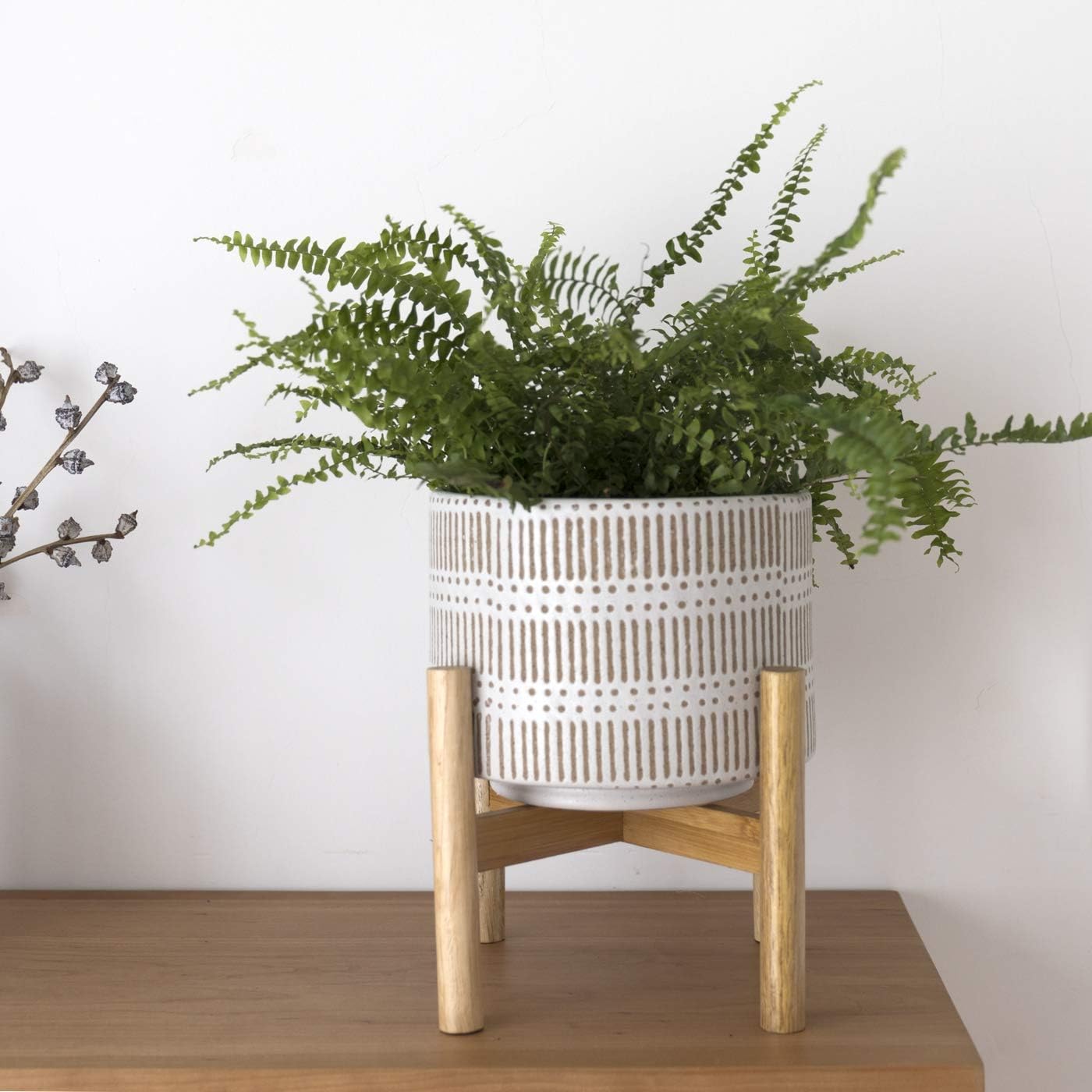 Ceramic Plant Pot with Wood Stand - 7.3 Inch Modern Round Decorative Flower Pot Indoor with Wood Planter Holder, Beige and White : Garden & Outdoor
