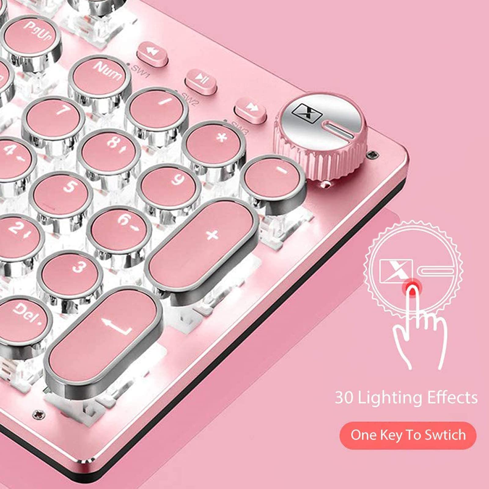 Basaltech Mechanical Gaming Keyboard and Mouse Combo, Retro Steampunk Vintage Typewriter-Style Keyboard with LED Backlit, 104-Key Anti-Ghosting Blue Switch Wired USB Metal Panel Round Keycaps, Pink