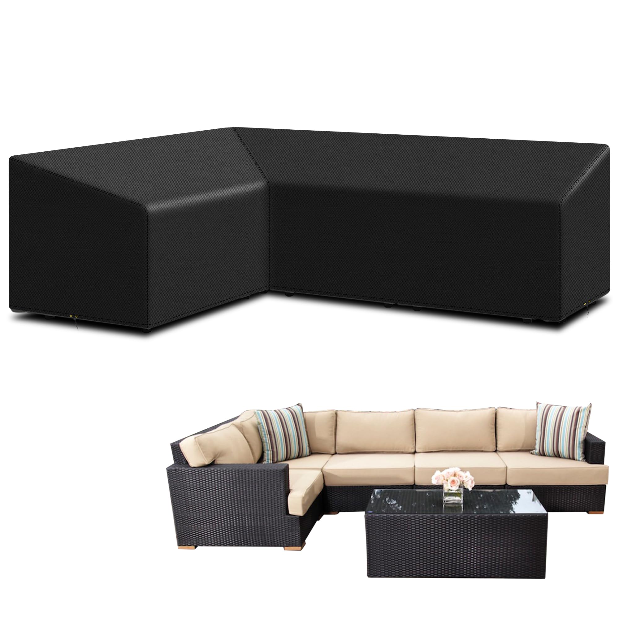 Funshot L-Shaped Garden Furniture Covers - Waterproof, 420D Oxford Fabric, Outdoor Rattan Corner Sofa Covers - Windproof, Anti-UV - L-Shape (222*286*82cm) - Right Side Long