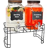 Glass Drink Dispensers For Parties, 2 PACK 1 Gallon Beverage Dispenser With Wooden Lids, Metal Stand And Spigot 100% Leak proof. Lemonade Dispenser With Chalk board