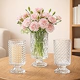 WRINGKIT Set of 3 Embossed Glass Vase, Clear Vases for Flowers Centerpieces, 7'' Wide Mouth Pedestal Vase with Big Base, Cylinder Candle Holder Glass Bouquet Vases for Table, Wedding Home Decor